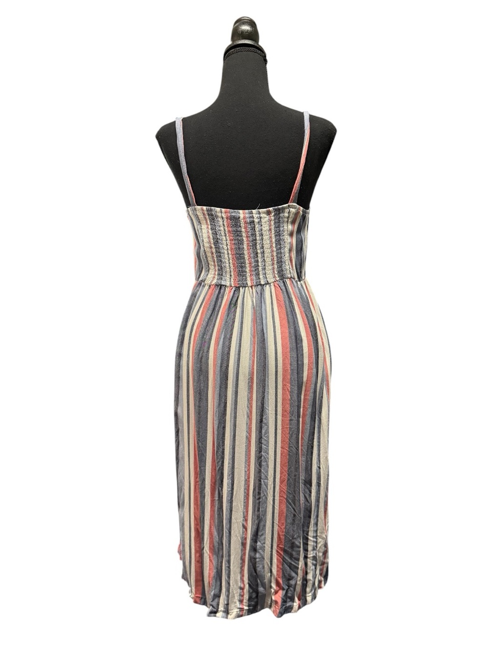 Striped Button-Front Midi Dress in Blue, Cream & Coral Size Small - Picture 3 of 10